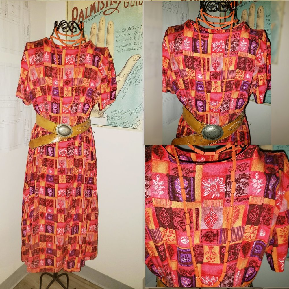 SOLD VTG 1980s Opart Rayon Shift House Dress Orange Red Gold Midi, Hourglass M